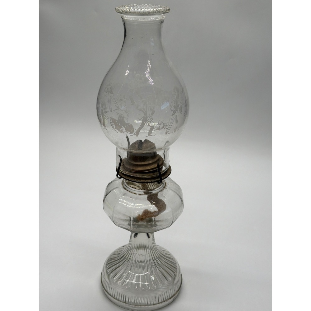 Vintage Etched Glass Oil Lamp Frosted Dancers Chimney Ribbed Base 17.5 Inch